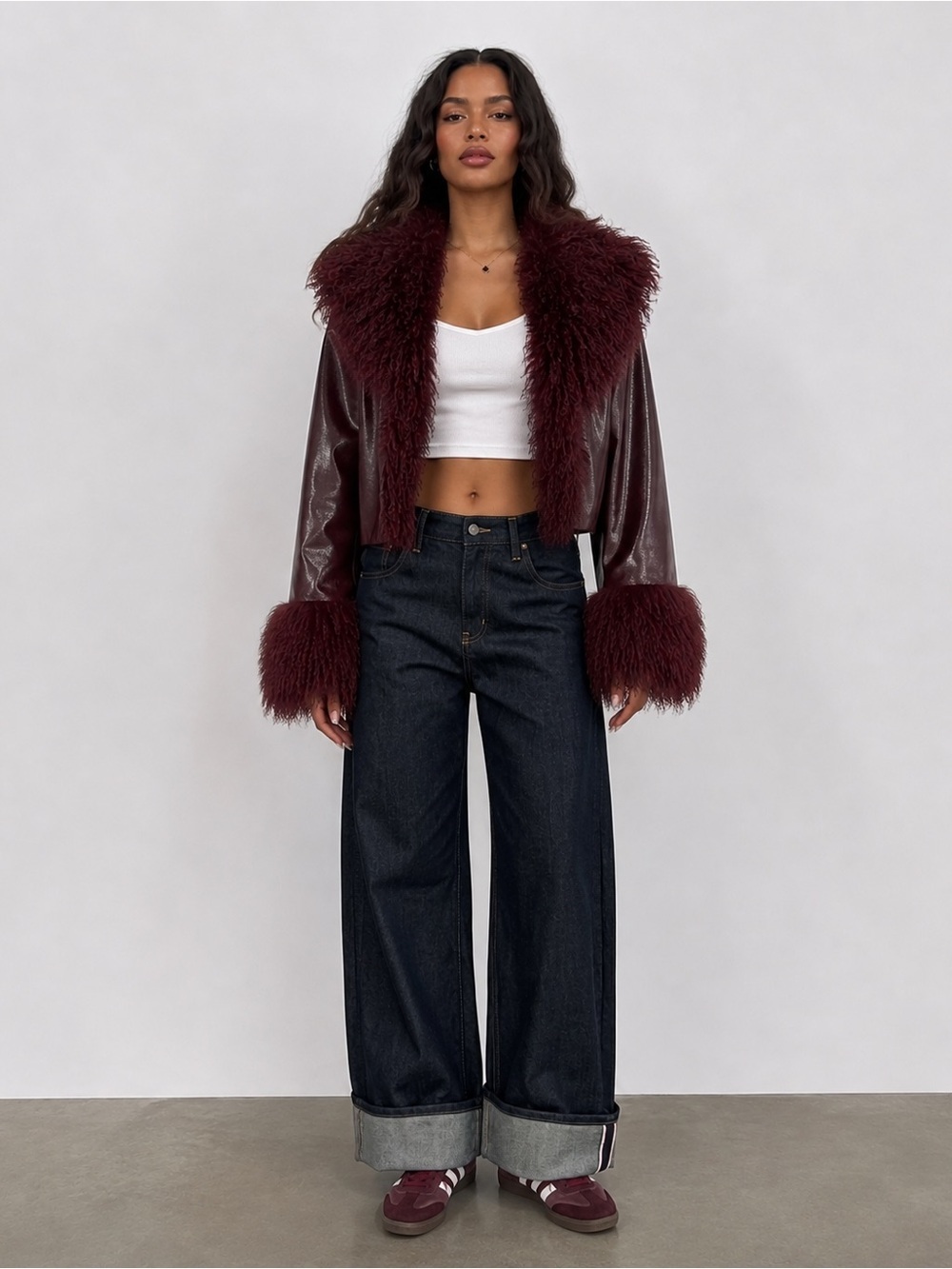 Y2K 90’s Bratz Cropped Burgundy Faux Leather Jacket with Shaggy Fur Detailing
